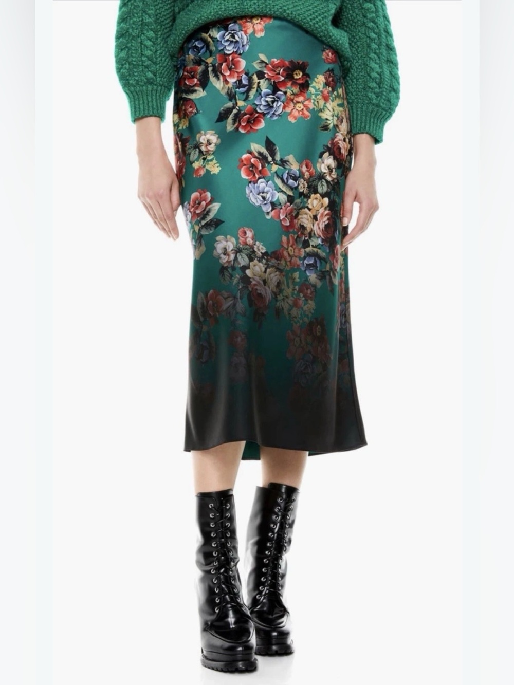 NWT Alice + Olivia Maeve Floral Midi Slip Skirt Cloud Dancer Teal Size 6